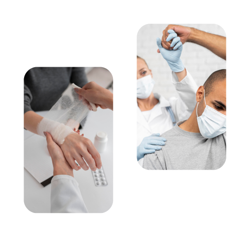 Doctor applying a bandage to a patient's hand during wound care treatment at a clinic