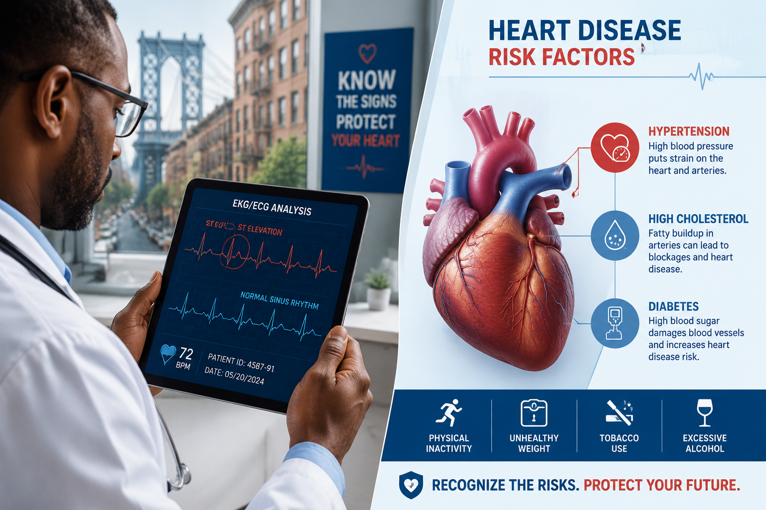 editorial illustration for a section on heart disease warning signs and cardiovascular risk factors