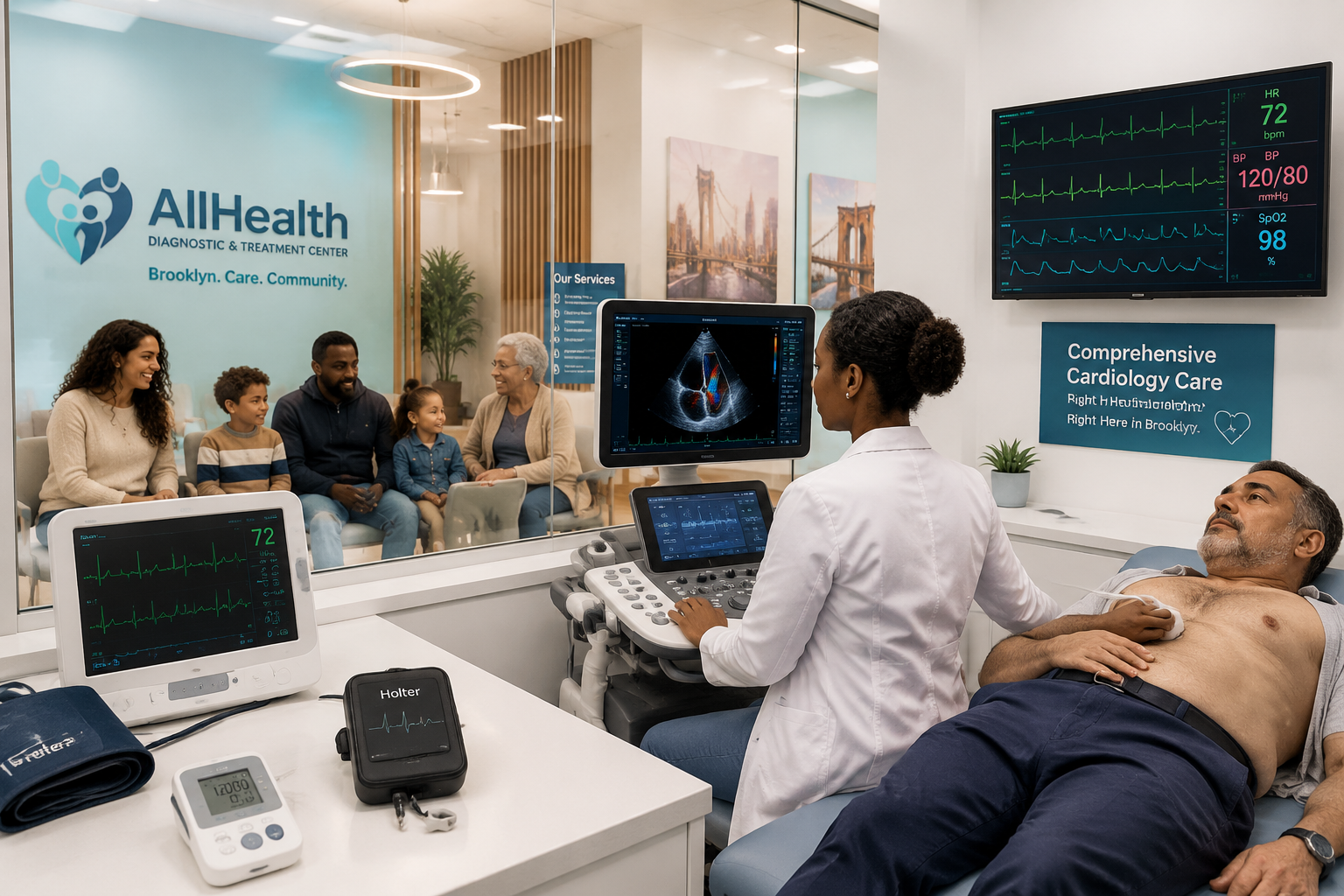 Detailed () editorial photo-illustration for a section on comprehensive cardiology services at a Brooklyn clinic. Scene