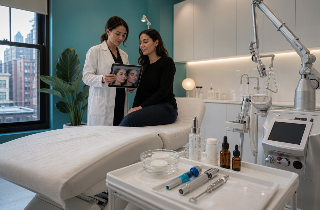 A dermatologist reviews a patient skin analysis