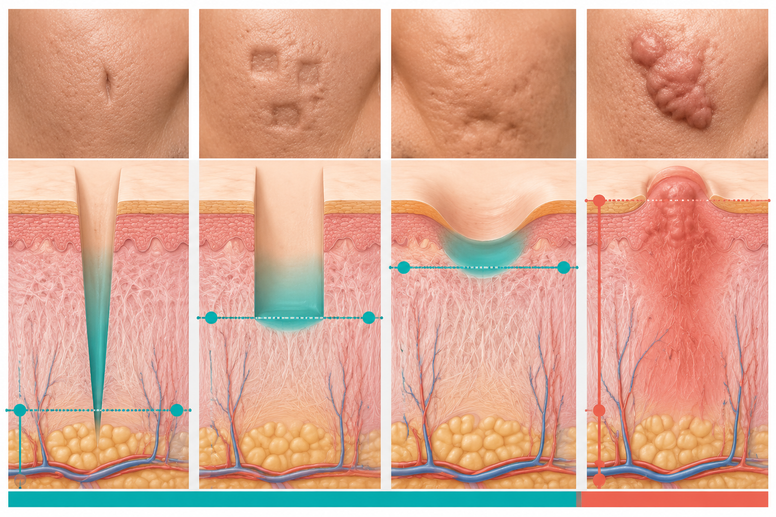 skin layers with visual representations of four acne scar types